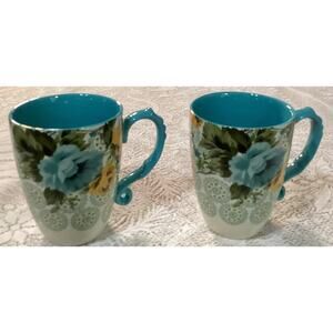 2 Pioneer Woman Rose Shadow Linen and Teal Stoneware Jumbo Latte Mug 24 oz